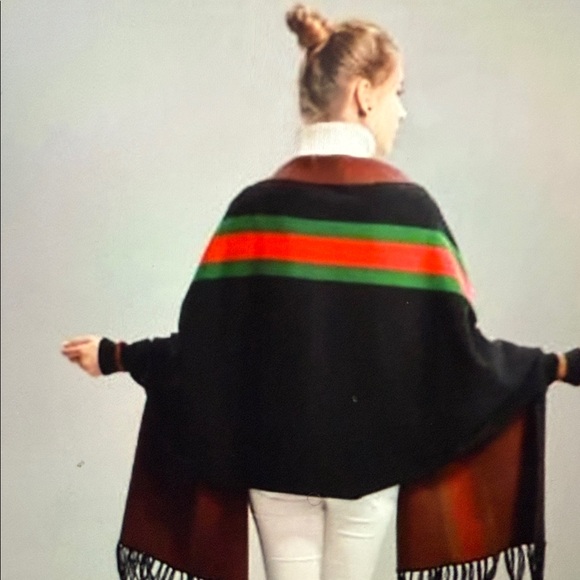 Stylish Black Scarf with Red and Green Stripes - Picture 2 of 6